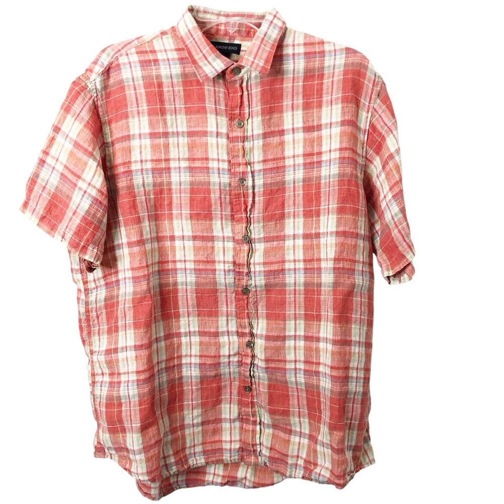 Lands' End Men's Short Sleeve Plaid Traditional Fit Button-Up Linen Shirt Large